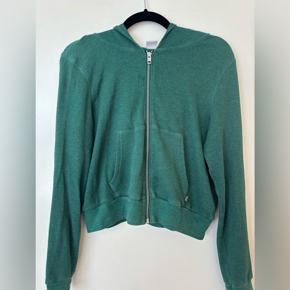 TNA Waffle Knit Full Zip Hoodie Women L Green Cotton Blend Crop Athleisure 408
